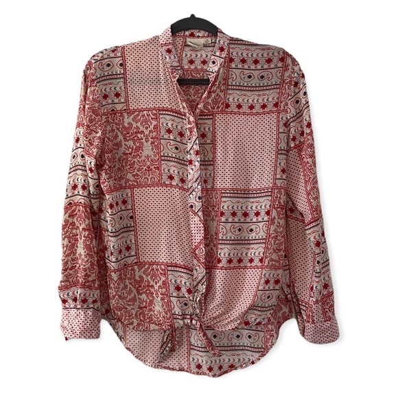 White Crow Tops - White Crow Red Patchwork Tie Front Blouse Button Down Shirt Women’s XS
